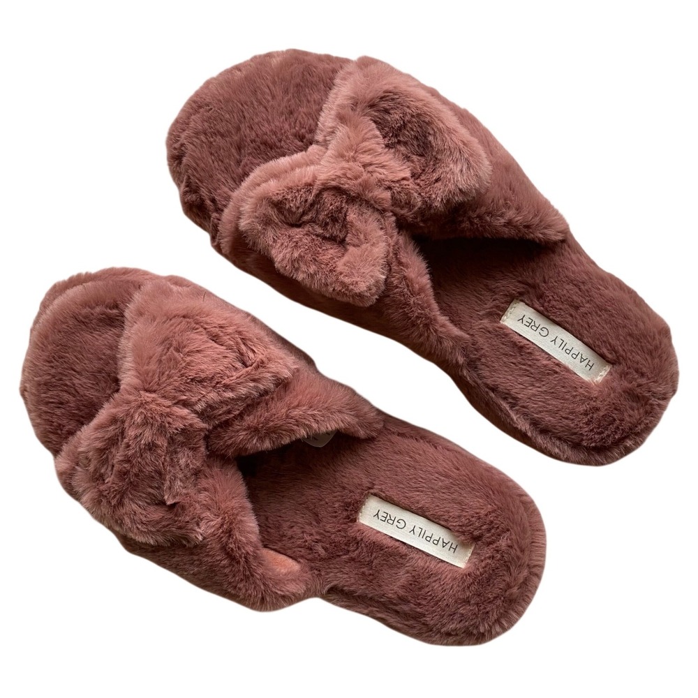Happily Grey Faux Fur Slippers Womens L 9-10 Mauve Bow Slides Loungewear Chic